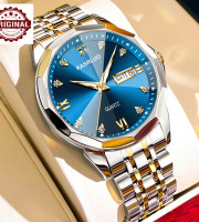 KASRLUO New Fashion Quartz Watch for Men Stainless Steel Waterproof Luminous Date Mens Watches Top Brand Luxury Clock- Blue