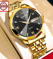KASRLUO New Fashion Quartz Watch for Men Stainless Steel Waterproof Luminous Date Mens Watches Top Brand Luxury Clock- Golden Dail Black