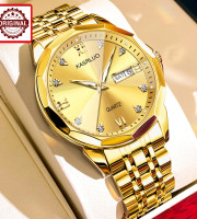 KASRLUO New Fashion Quartz Watch for Men Stainless Steel Waterproof Luminous Date Mens Watches Top Brand Luxury Clock- Golden
